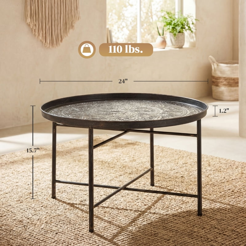 Alvantor Round Coffee Table with Hammered Tray Top & Metal Frame 24"x24"x15.7" Pewter