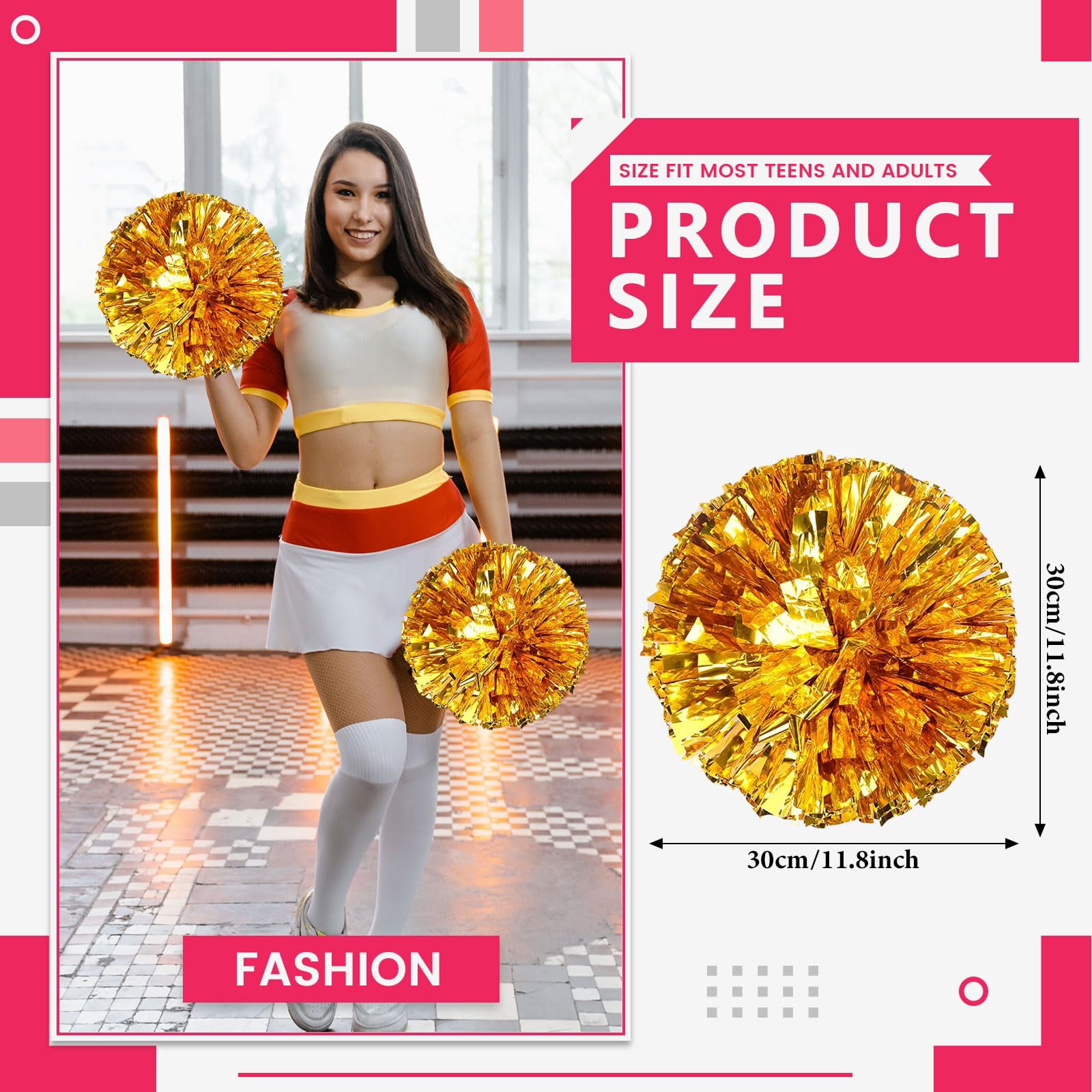 Cheerleading Pom Poms 24 Pcs with Straight Handle, Handheld Squad Pompoms for Sports Team Cheer Spirit Games, Dance Party Adults