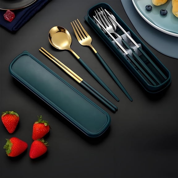 Reusable Portable Utensils with Case, 4-Pc Stainless Steel Camping Spork Set, Includes Fork Spoon Chopsticks, Ideal for Travel and Outdoor Use