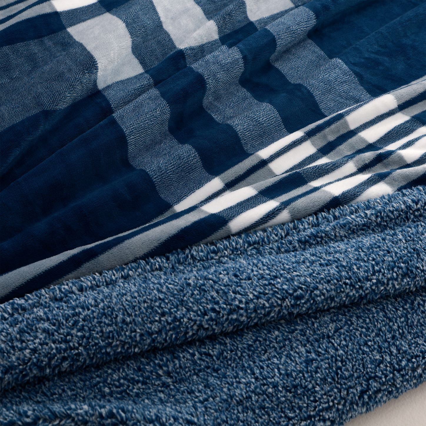 Berkshire Blue, White, Multi-Color Plaid Sherpa, Velvet Plush Reversible Bed Blanket, King