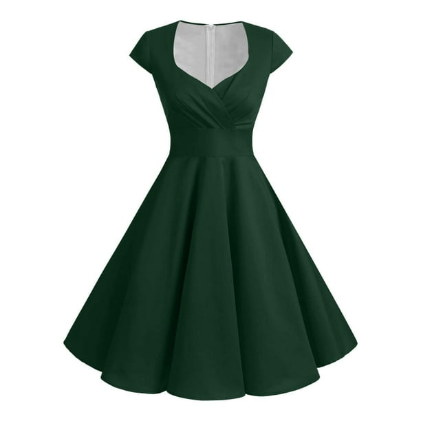 Vestido retro de fiesta liso para mujer: diseño informal de corte A, cintura alta para diversas ocasiones, tallas S-XXL.