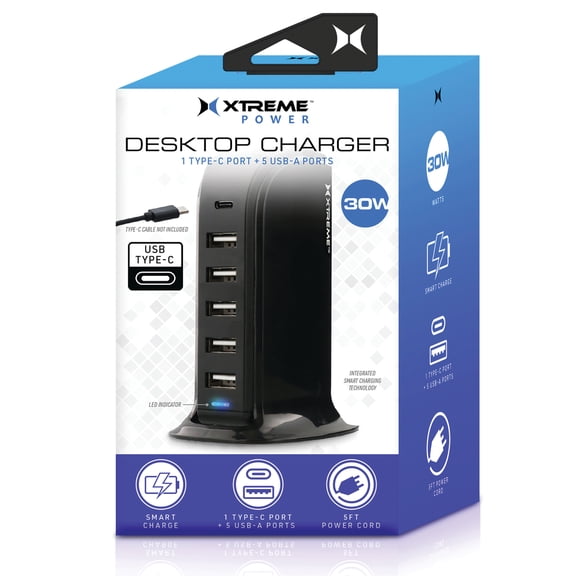 Xtreme Multi-Port USB Desktop Charger with 5 USB and 1 Type-C - Charge Multiple Devices Simultaneously