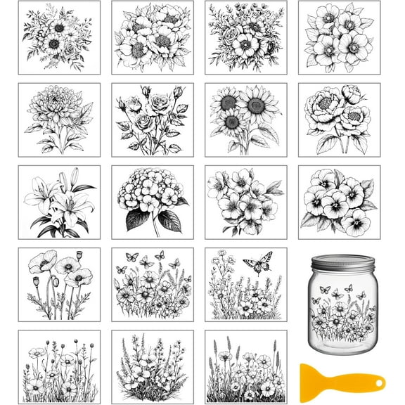18 Sheets Black and White Flower Rub on Transfers Sunflowers Peonies Florals Waterproof UV DTF Cup Wraps Decals Stickers DIY