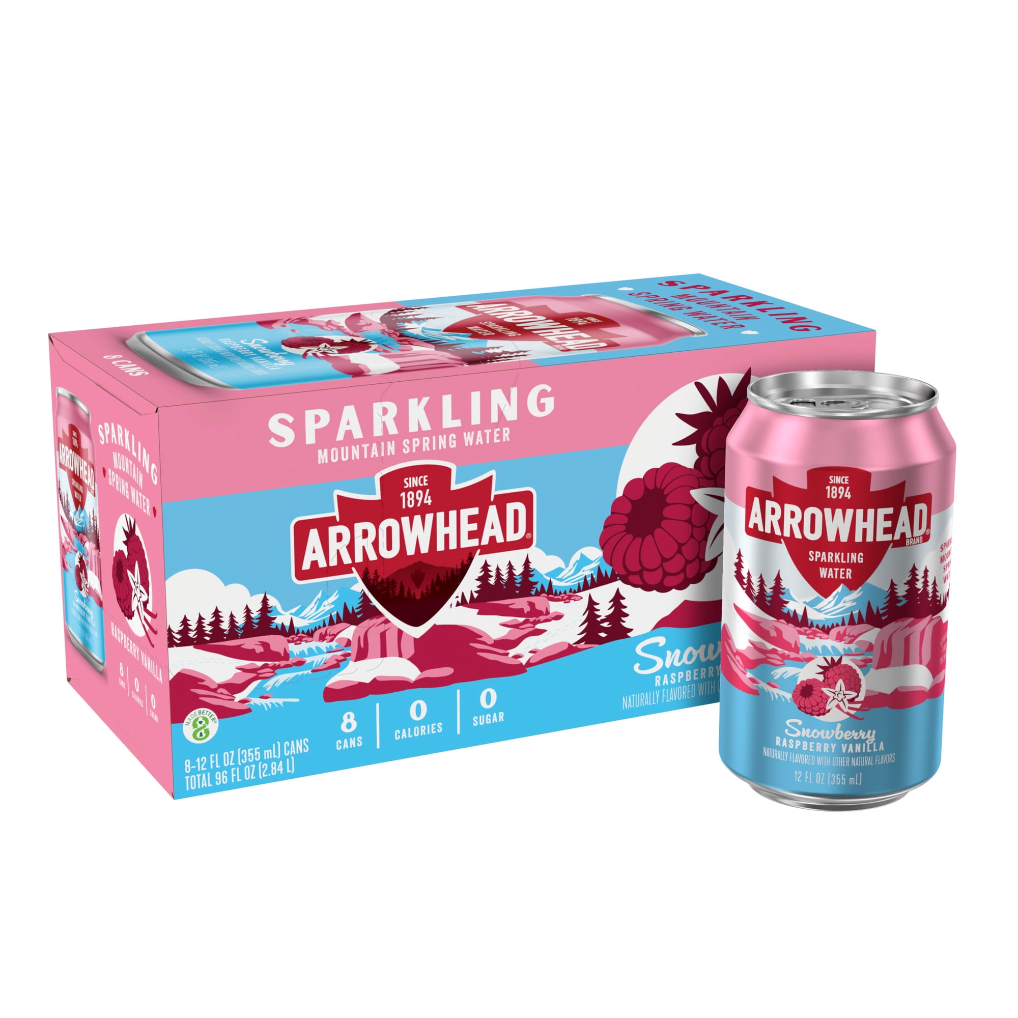 Arrowhead Raspberry Vanilla Sparkling Mountain Spring Water, 12 fl oz, 8 Cans