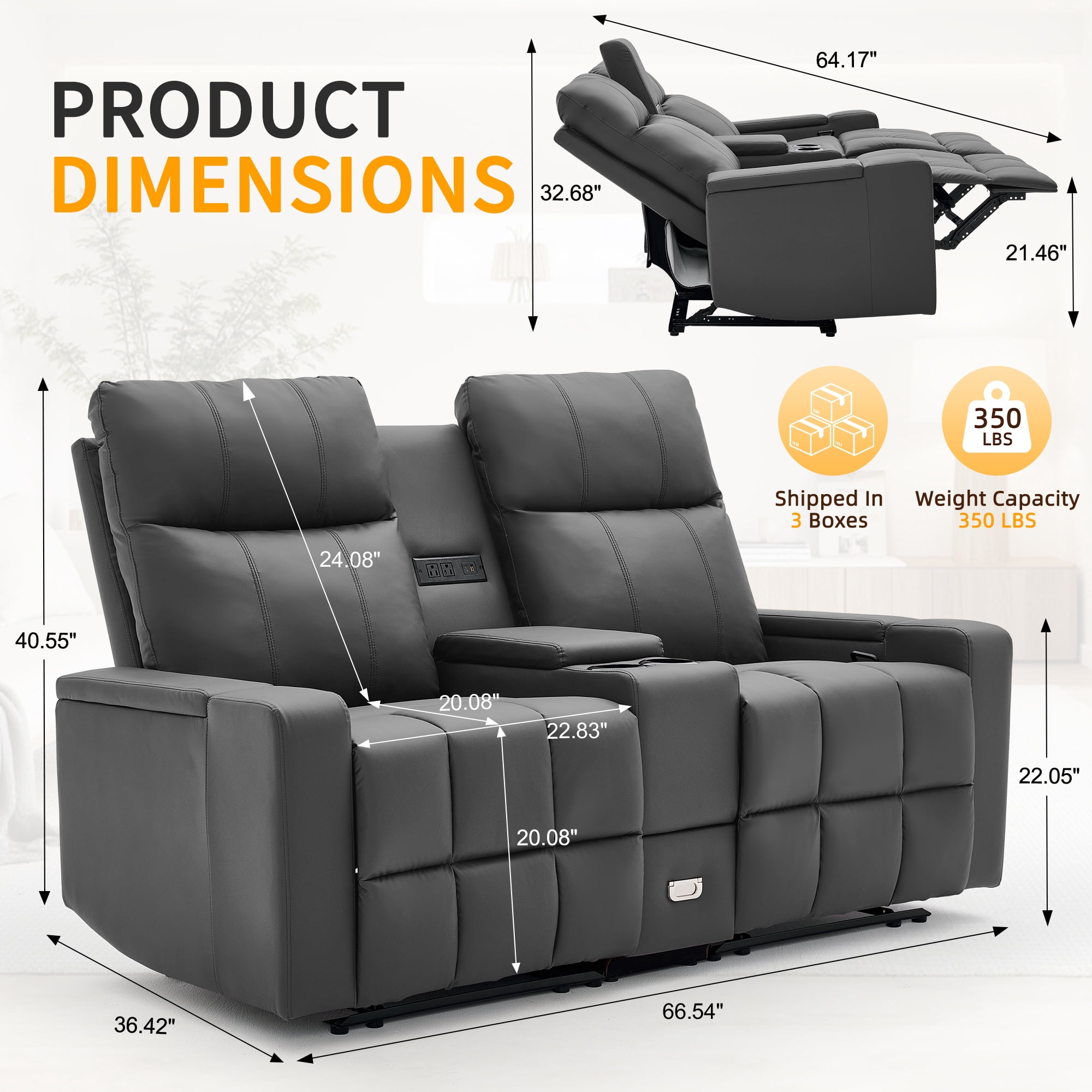 Korser Reclining Loveseat with Cup Holders,2-Seater Recliner Sofa with USB Ports & Type C Double Manual Recliner Chair for Living Room,Faux Leather,Grey