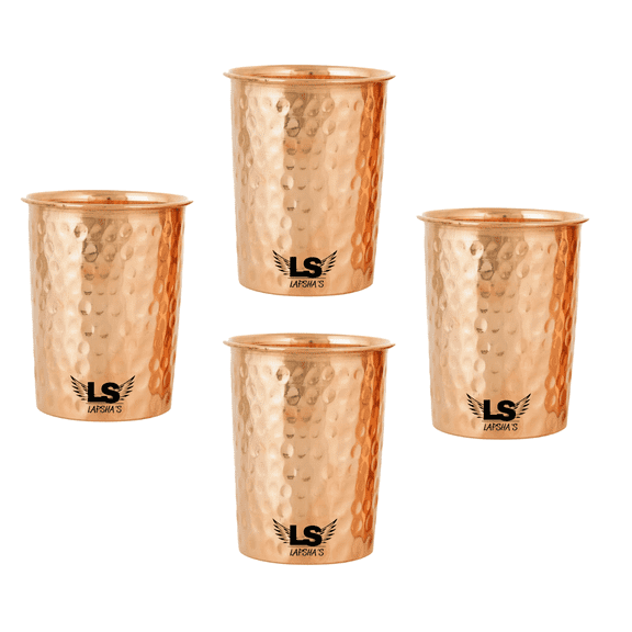 Handcrafted Pure Copper Hammered Tumbler Size-300 ML | Ayurvedic Drinking Cup for Water | Leak-Proof, Food-Grade Copper Glass | Traditional Indian Design set of 4