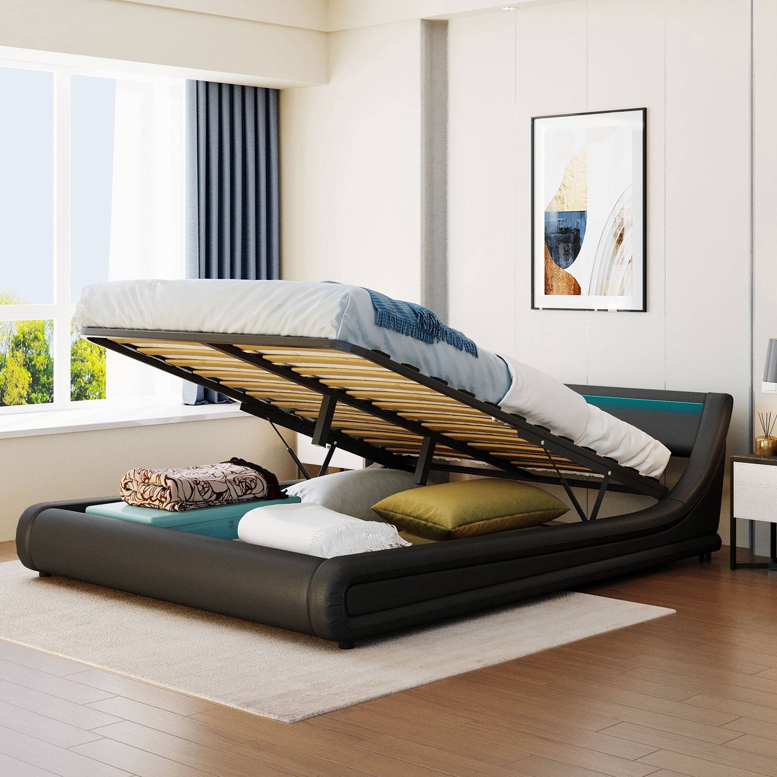 Upholstered Leather Platform bed with Gas Lift up Storage, Queen Size ...