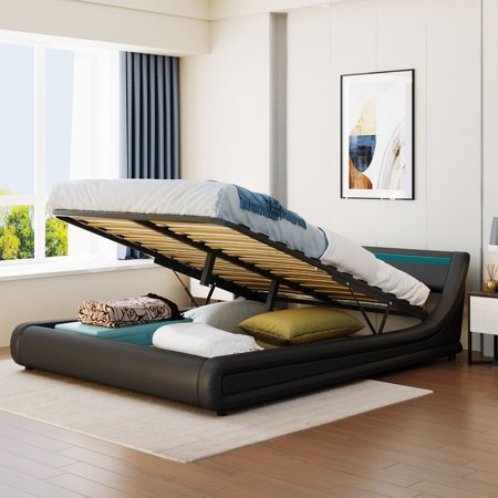 Upholstered Leather Platform bed with Gas Lift up Storage  Queen Size Bed Frame with LED Light Headboard and Hydraulic Storage System  Black