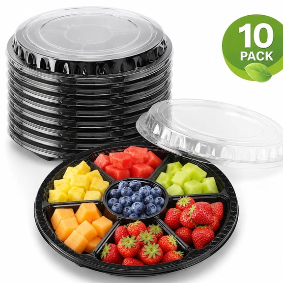 10 Pack Plastic Appetizer Trays with Lid,Disposable Clear Divided Serving Tray,6 Sectional Round Food Storage Container Platter for Party,Snack,Fruit,Vegetable (10.6in)