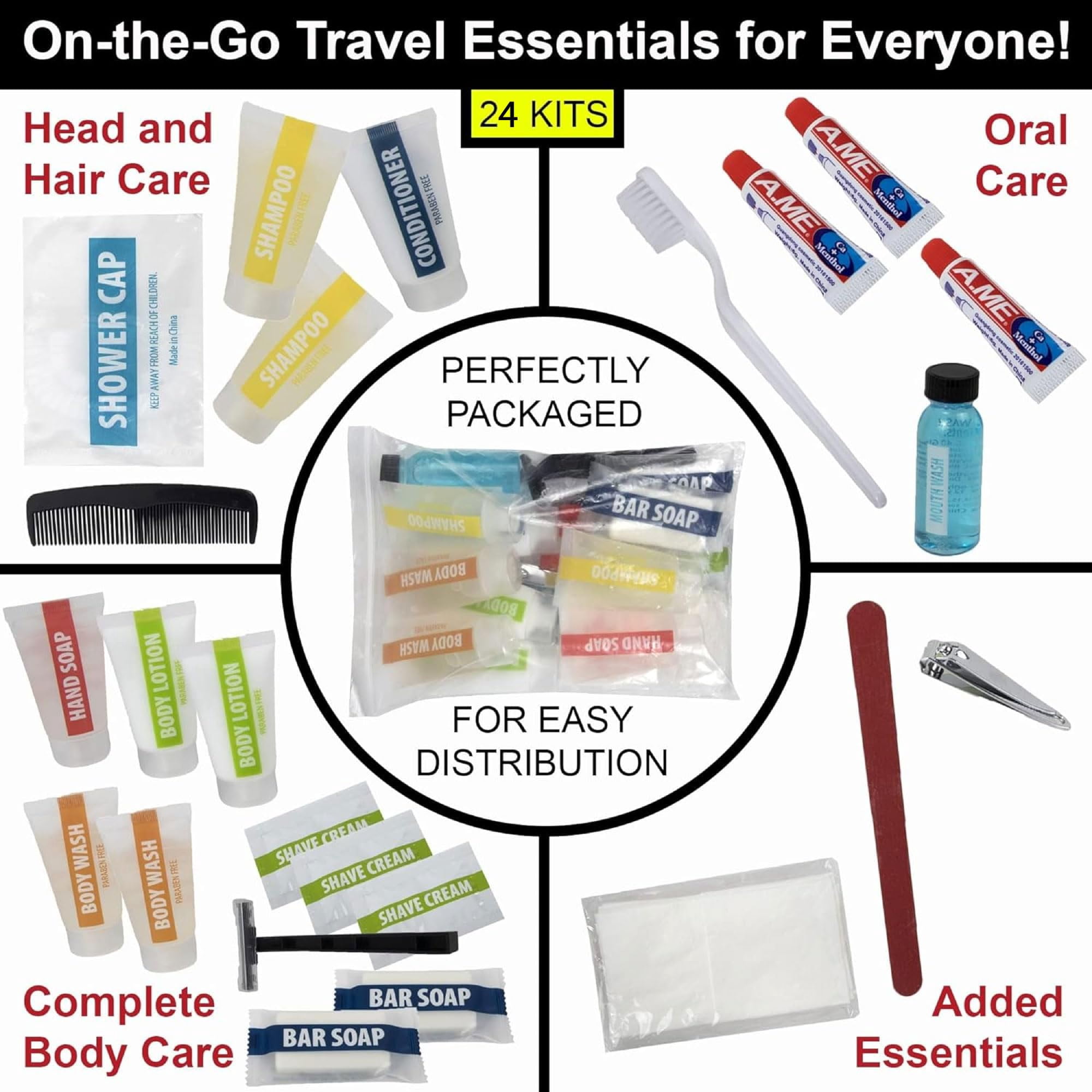 24 Pack of Bulk Wholesale 25 Piece Travel Size Toiletry Kits for Men & Women Containing Shampoo, Conditioner, Body Wash, Body Lotion, Soap Bars, Toothbrush, Toothpaste, Hair Comb and More!