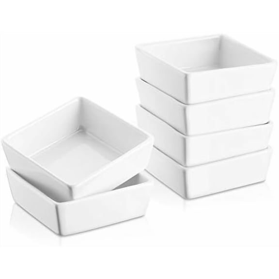 Creme Brulee Ramekins 6 oz Oven Safe, Small Ceramic Square Ramekin, Custard Cups Souffle Baking Dish, Dipping Bowls Soy Sauce Dish Appetizer Plates, Set of 6, Soft White