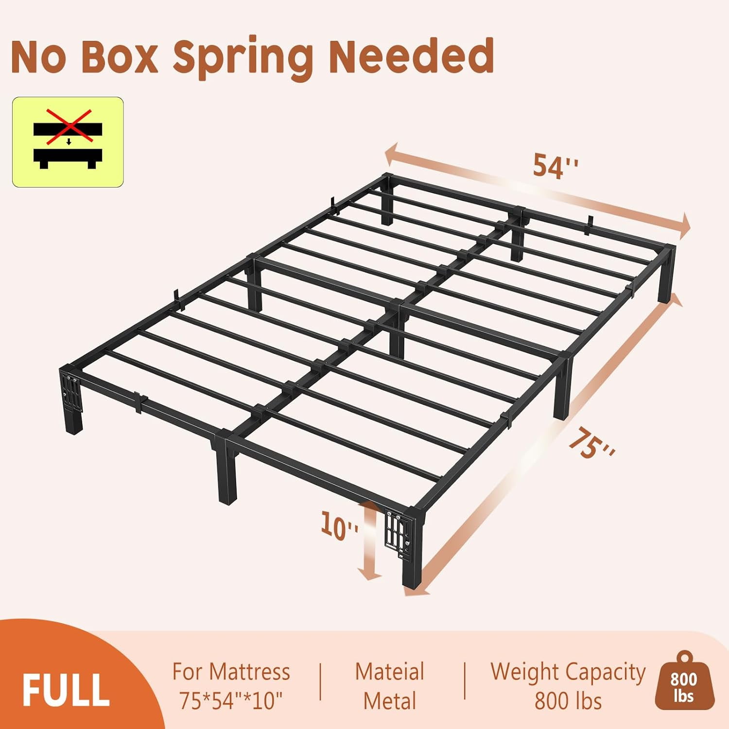 Memoryfield Metal Full Size Bed Frame, 10" High Platform Bed Frame, Heavy Duty 800Lbs Capacity, No Box Spring, No Screws Needed with Reinforced Slats, Easy Assembly, Black