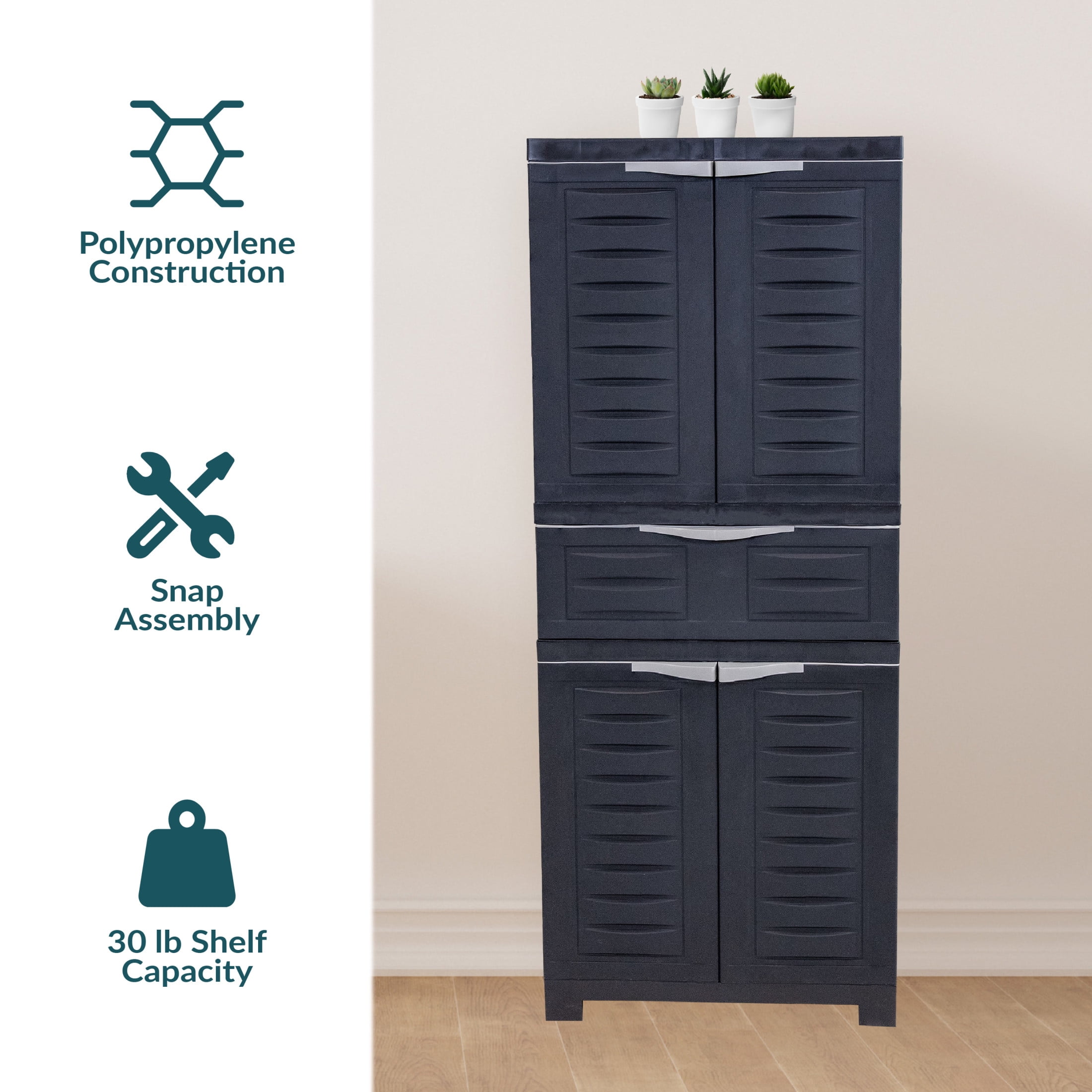 Sunnydaze Adjustable 57" Plastic 2-Shelf 1-Drawer Freestanding Storage Cabinet, Charcoal