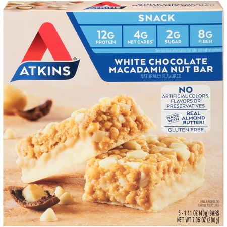 Atkins White Chocolate Macadamia Nut Bar, 1.41oz, 5-pack (Snack Bar)