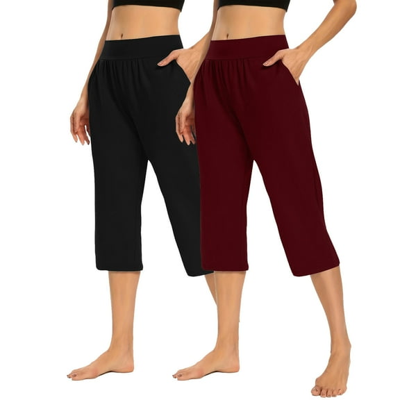 GigrtiJin 2 Pack Women's Capris Pants Solid Color Elastic Waist Cropped Pants with Pocket Summer Strench Casual Pants