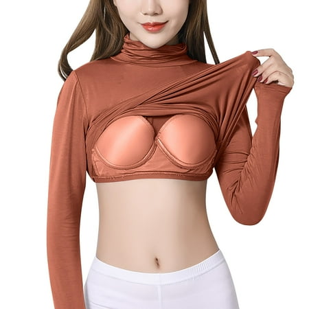 Rigardu plus size tops workout shirts women t shirts for women Ladies  Solid Color Padded Turtleneck Long Sleeve T Shirt Women S Bra Cup Rim Pajamas Underwear Bottoming Shirt Brown+L