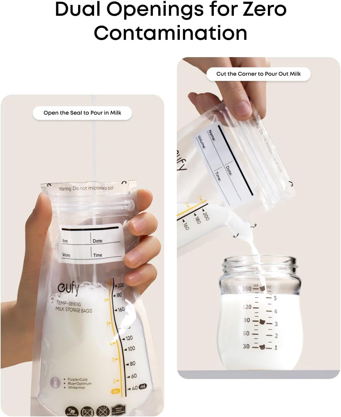 eufy Breast Milk Storage Bag with Temperature Sensing Color Change, Milk Storing Bags for Breastfeeding, 7 oz Disposable Storage Bags, Leakproof Milk Freeze Storage Pouches (120 Pieces)