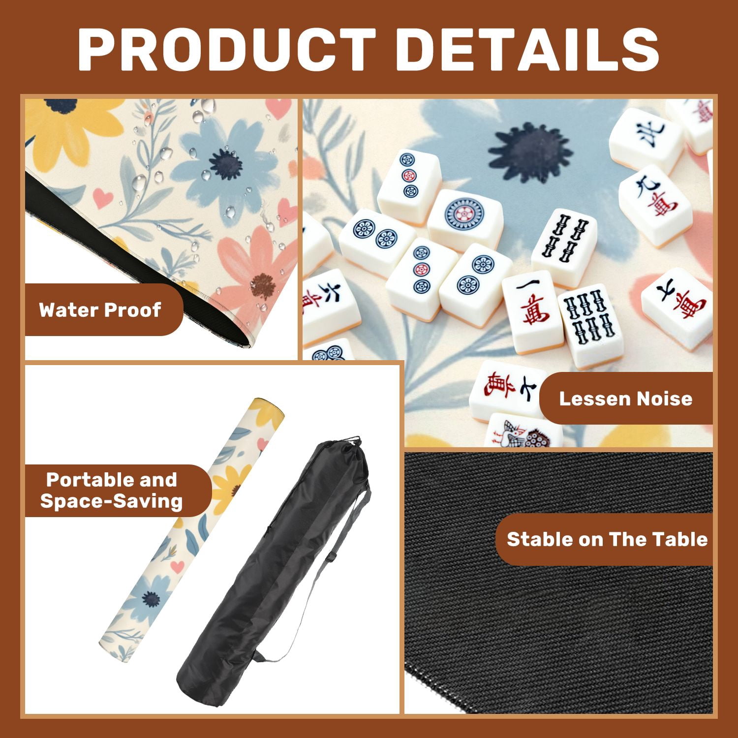 Mahjong Mat 31.5" x 31.5" Floral Seamless Yellow Blue Daisies Pink Flowers Leaves Hearts Soft Non-Slip Noise Reduction American Mahjong Tiles Table Cover for Dominoes Poker Card Board Games Gift