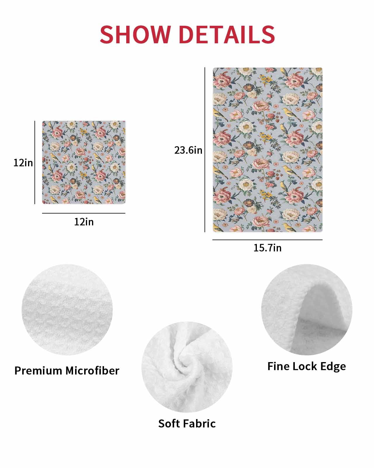 Vintage Spring Floral Kitchen Dish Towels for Drying Dishes Set of 2, Farmhouse Flowers Blue Vintage Waffle Weave Microfiber Hand Tea Bathroom Towels Quick Dry & Absorbent Towel 15.7x23.6