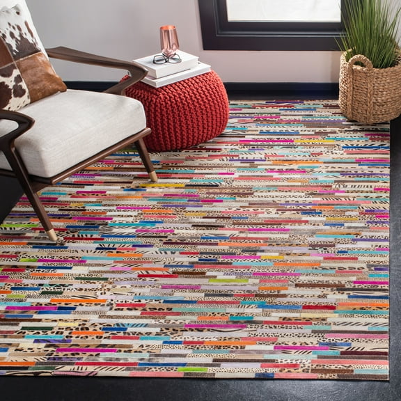 SAFAVIEH Studio Leather Asia Colorful Stripes Area Rug, Ivory/Blue, 5' x 8'