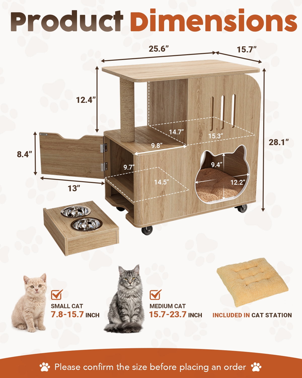 Dog Proof Cat Feeding Station with Bowls, Moving Wheels Cat Food Table, Cat Bed Window Perch with Vertical Scratcher and Mat