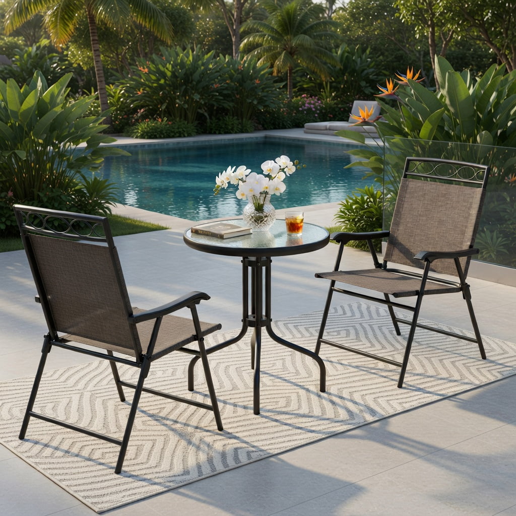 Hommoo 3-Piece Outdoor Bistro Set, Foldable Metal Patio Chairs + Round Tempered Glass Table with 1.57" Umbrella Hole, Compact for Balcony, Porch & Small Spaces, Brown & Black