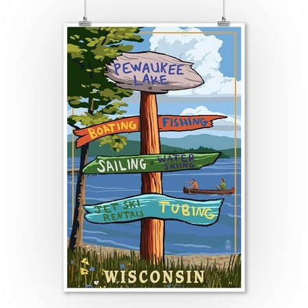 Signpost Destinations - Pewaukee Lake, Wisconsin - Lantern Press Poster (9x12 Art Print, Wall Decor Travel (Best Fall Destinations In Wisconsin)