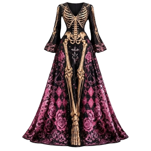 Halloween Dresses for Women Plus Size Gothic Print V Neck Long Sleeve A Line Maxi Dress Flowy Halloween Costume for Party