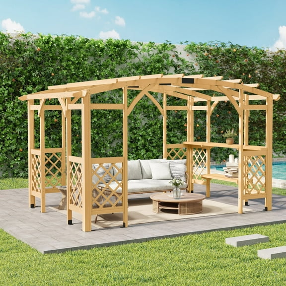 HAPPATIO 10' x 14' Pergola Outdoor, Wooden Pergola Grape Trellis with Bar Counter, Solid Wood Stable Structure with Arched Top Gazebo for Climbing Plant Support, Garden, Patio, Backyard
