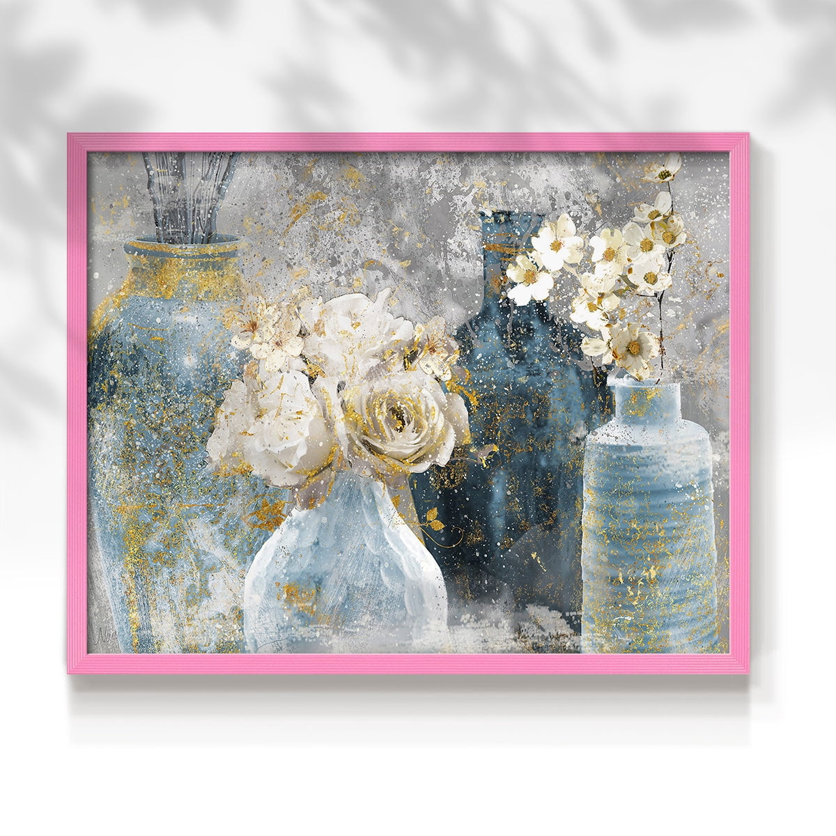 Vessels and Blooms Blues by Nan - Restickable Framed Giclée Print