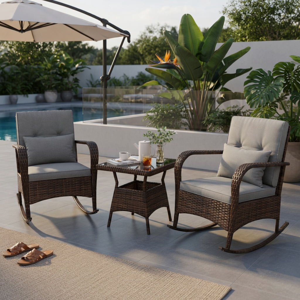Hommoo 3-Piece Outdoor Rocking Chair Set with Tempered Glass Coffee Table, PE Rattan Patio Furniture for Backyard, Poolside & Porch, Gray