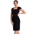 thumbnail image 1 of Vestido tubo de cuello cuadrado con cinturón y mangas casquillo vintage para mujer Negro M, 1 of 6