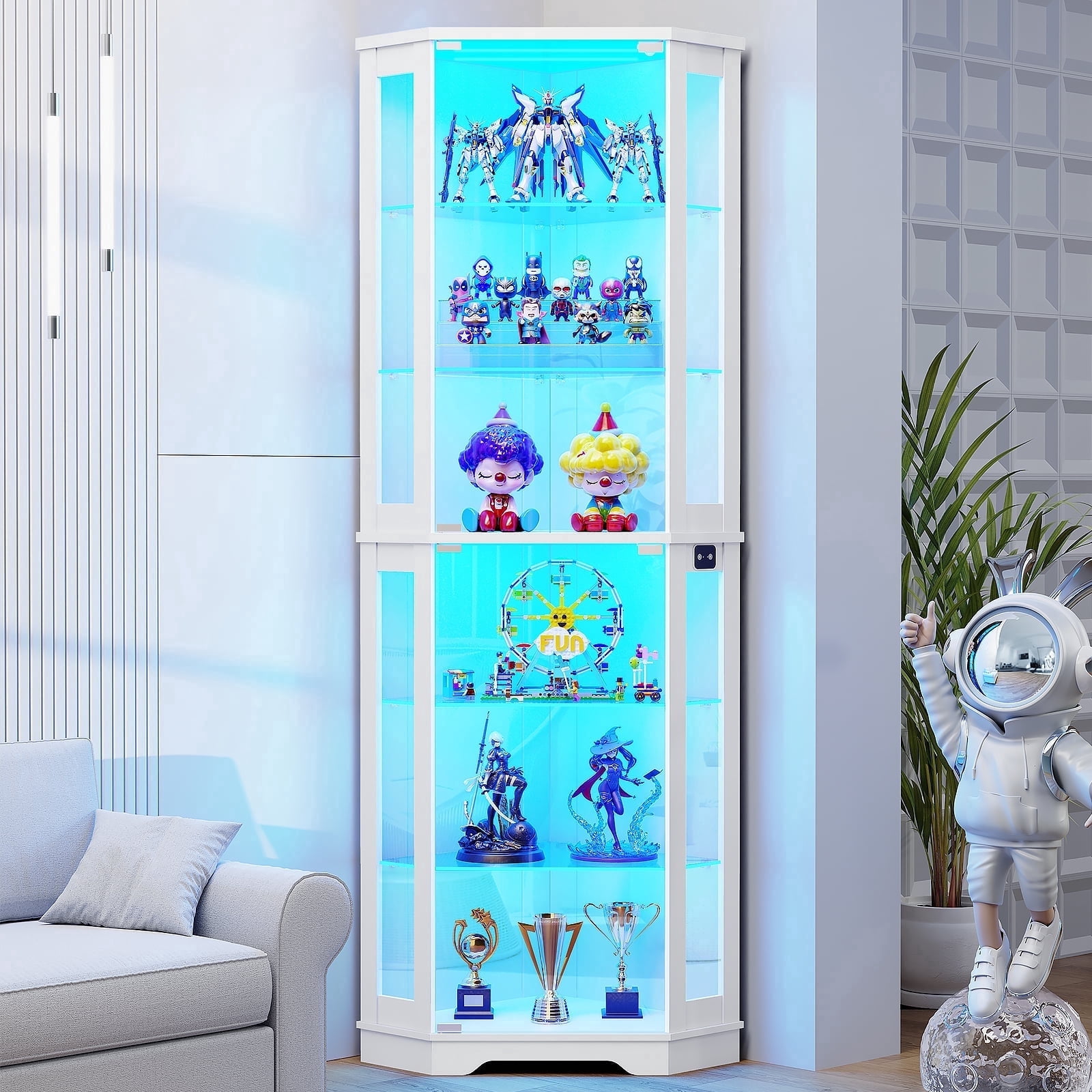 BROTTAR 71" Corner Display Cabinet with Glass Doors, 6 Tier Curio Cabinet with 3 LED Lights & Glass Shelves, Human Body Sensor, Showcase Display Case for Collectibles, White