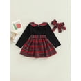 thumbnail image 4 of Bagilaanoe Toddler Baby Girl Plaid Dress Long Sleeve A-line Princess Dresses + Headband 6M 12M 2T 3T 4T 5T Kids Casual Patchwork Swing Sundress, 4 of 9