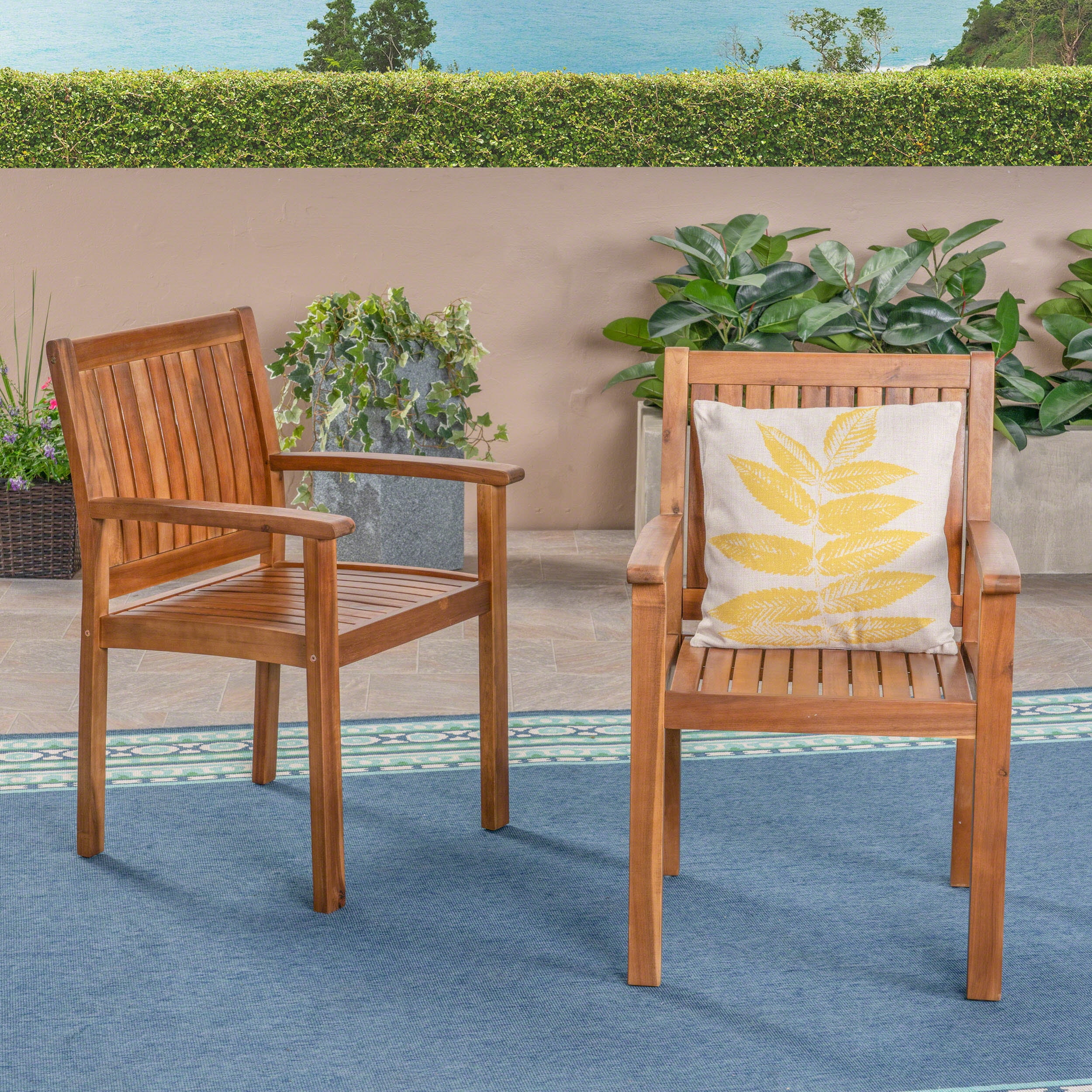 Outdoor Acacia Wood Dining Chair Set of 2, Household Leisure Seats for Patio Garden, Teak and Beige