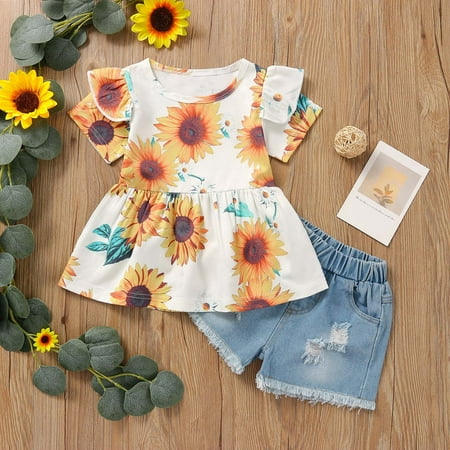 

CHGBMOK Clearance Summer Girl s Sun Flower Short-Sleeved Top Lace Patch Jeans Two-Piece Suit