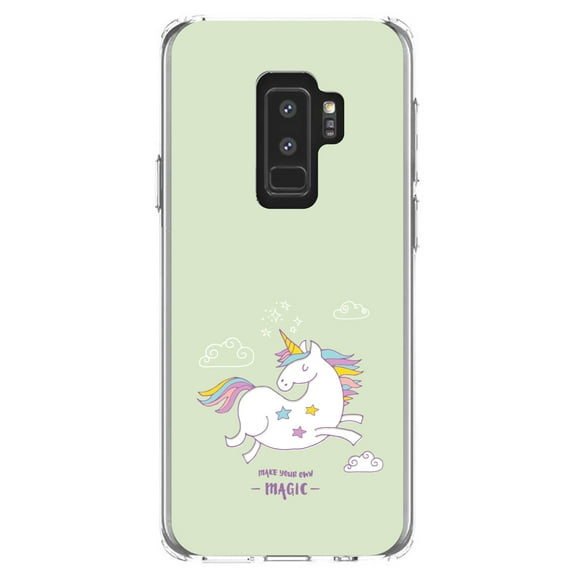 DistinctInk Clear Shockproof Hybrid Case for Samsung Galaxy S9  PLUS (6.2" Screen) - TPU Bumper, Acrylic Back, Tempered Glass Screen Protector - Unicorn - Make Your Own Magic