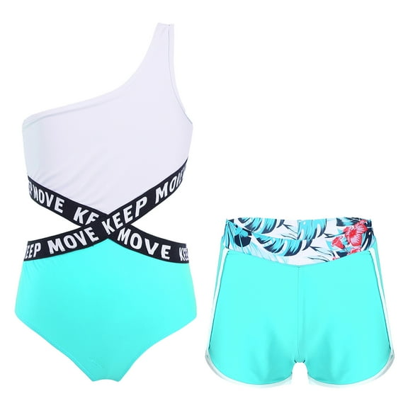 YONGHS Kids Girls 2 Piece Sport Rash Guard Swimwear One Shoulder Swimsuit Shorts Bathing Suit Lake Green 10