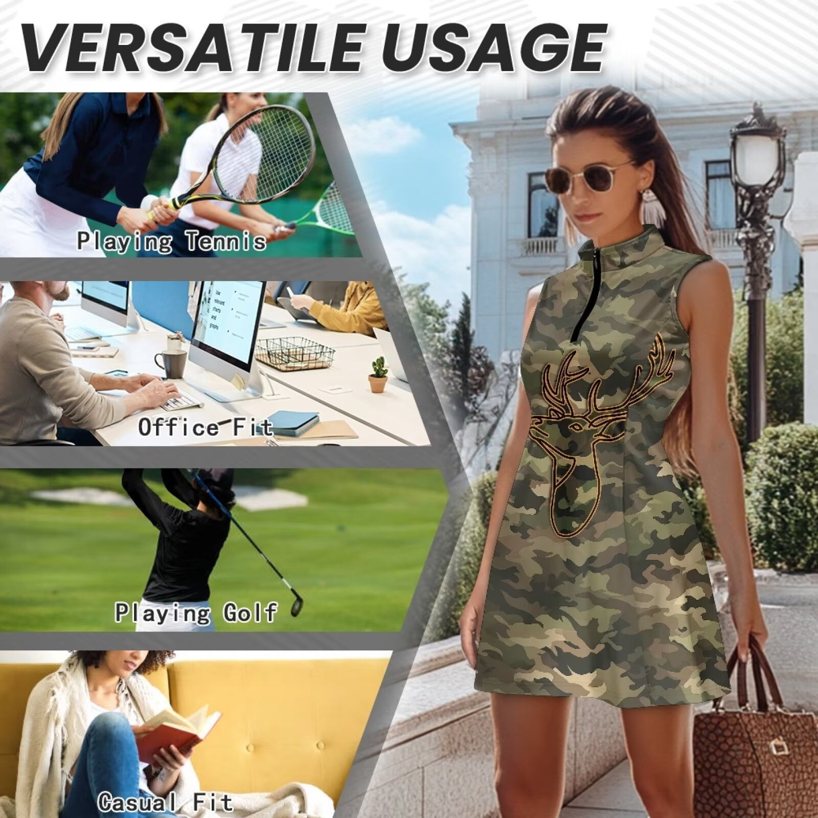 Yuyamidu Camo Deer Womens Workout Golf Dress Zipper Collared Workout Dress Built in Shorts Summer Outfits Dry Fit Golf Clothes for Women Size 2XL