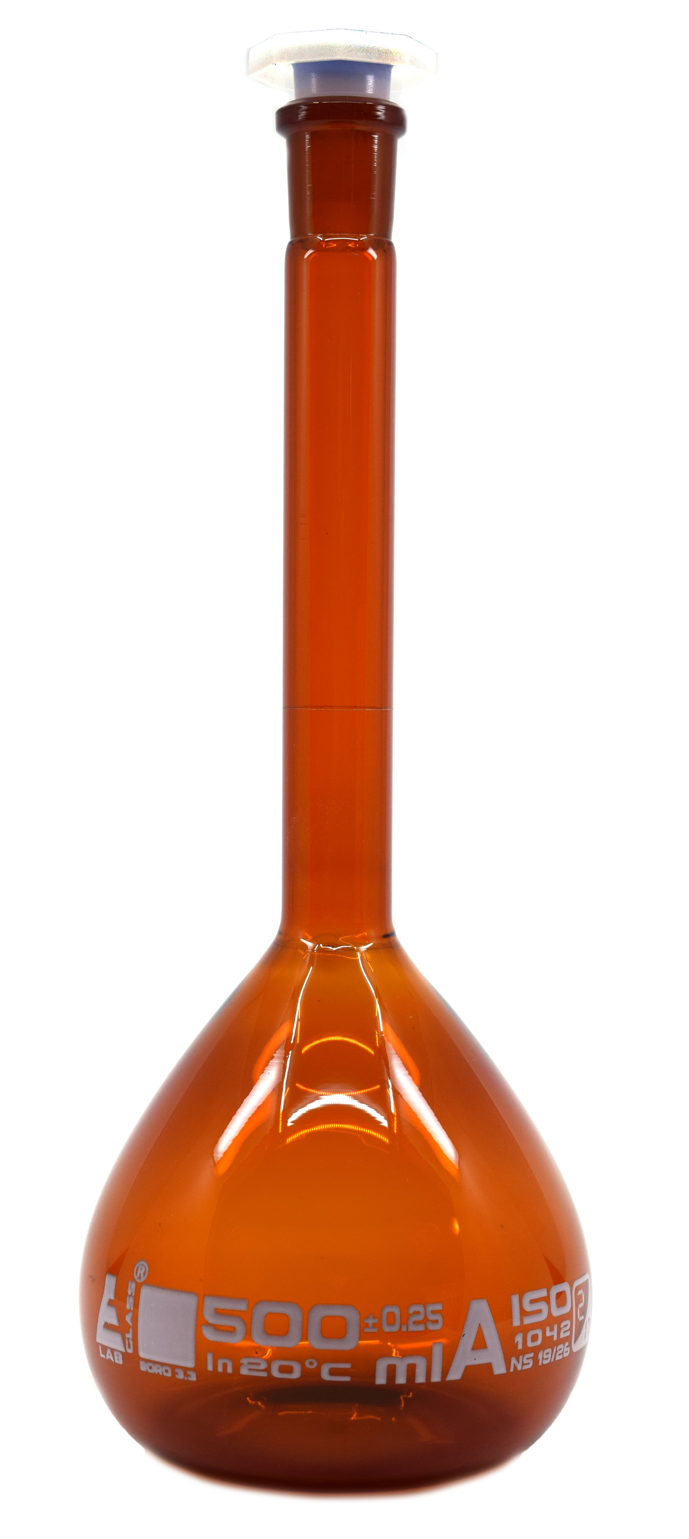 Volumetric Flask, 500ml capacity, with Polypropylene Stopper Amber