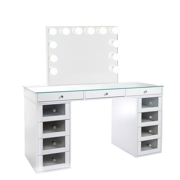 Impressions Vanity Desk Slaystation Pro 2 0 Makeup Table With 4 Drawers Unit Bundle Of Glass Top Storage Tabletop Hollywood Mirror Dresser Organizer For Bedroom Livingroom Brightwhite Com Impressions Vanity Desk Slaystation, Makeup Vanity Slaystation 2 0 Tabletop