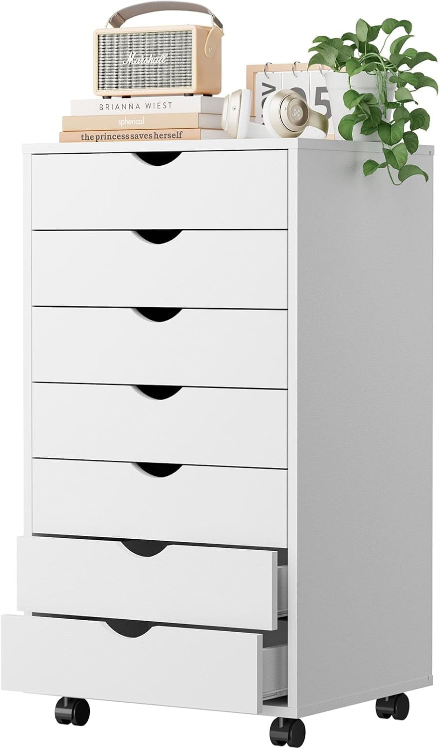 7 Drawer Storage Organizer, 34.25'' Height File Cabinets Dressers With Wheels, Wood Cabinet For Home Office, Bedroom, Study, White