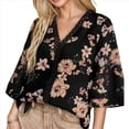 thumbnail image 1 of Camiseta de Verano para Mujer, Elegante, Informal, con Mangas 3/4, Cuello en V, Estilo Étnico Bohemio y Estampado Acampanado. Negro L, 1 of 10