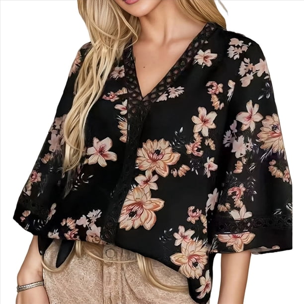 Camiseta de Verano para Mujer, Elegante, Informal, con Mangas 3/4, Cuello en V, Estilo Étnico Bohemio y Estampado Acampanado. Negro S