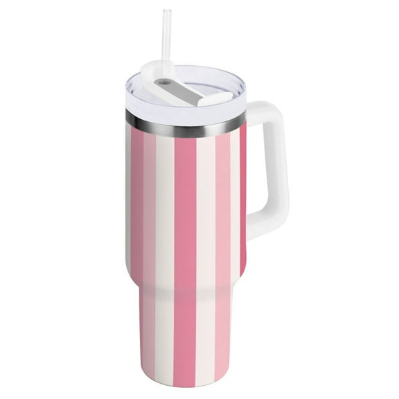 Pink Striped Tumbler with Handle and Straw Lid 40 oz Insulated Vacuum Water Bottle Stainless Steel Travel Cup