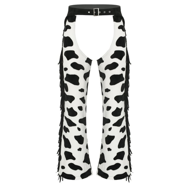 YONGHS Unisex Cowboy Chaps With Cow Spot Pattern Side Tassel For Rave Themed Party Halloween Cosplay Black White XXL