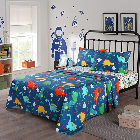 100% Cotton Sheets Kids Full Sheets for Kids Girls Boys Teens Children Sheets Bed Sheets for Kids Soft Fitted Flat Printed Sheet Pillowcase Bedding Bed Set Navy Blue Dinosaur(Full)
