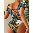 thumbnail image 4 of WREESH Womens One Piece Swimsuit Short Sleeve Swim Suits Printed Slim American Backless Tether Bikini Swimsuit Bathing Suits Yellow, 4 of 6