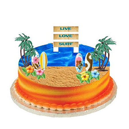 Edible Sugar Flowers - Surf Cake Topper with Edible Sugar Surfboards, Edible Sugar Hibiscus Flowers, Palm Trees and Surf Live Love Surf Sign