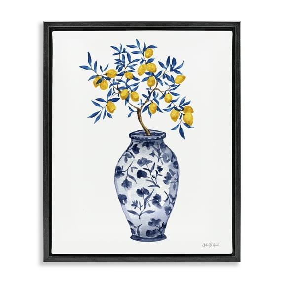 Stupell Industries Chinoiserie Vase Lemons Food & Beverage Painting Black Floater Framed Canvas Art Print Wall Art, 17 x 21